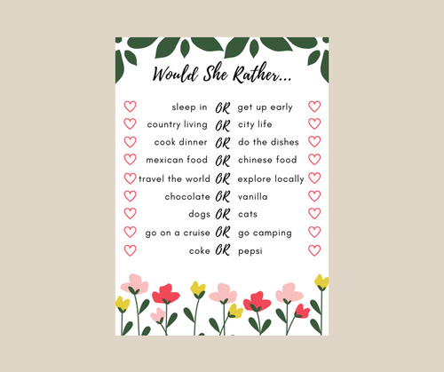 Would She Rather Wedding Shower Printable