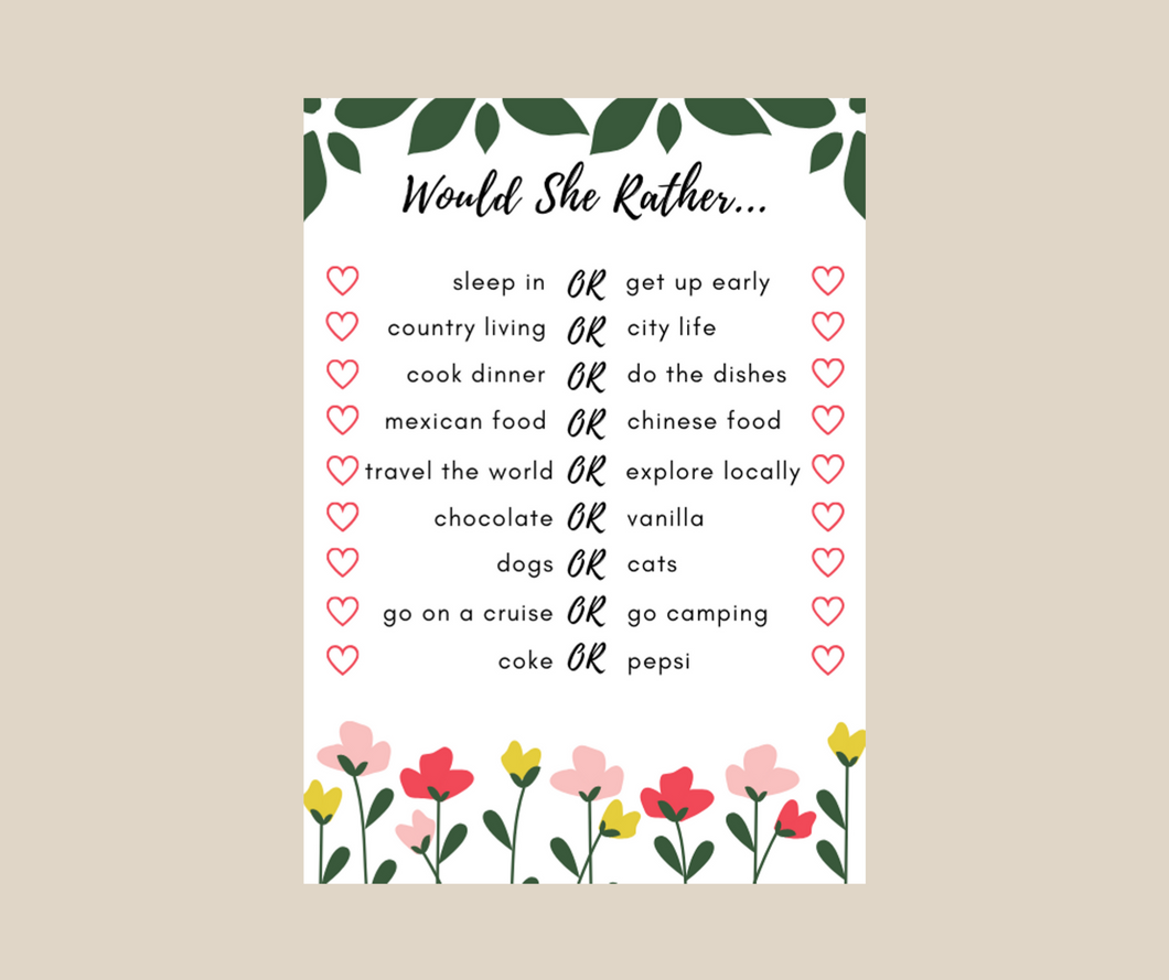 Would She Rather Wedding Shower Printable