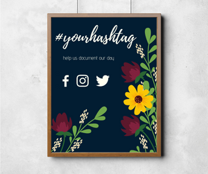 navy floral wedding hashtag sign