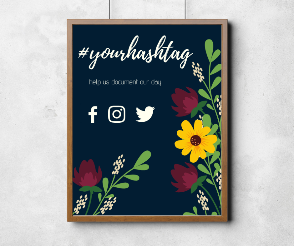 navy floral wedding hashtag sign